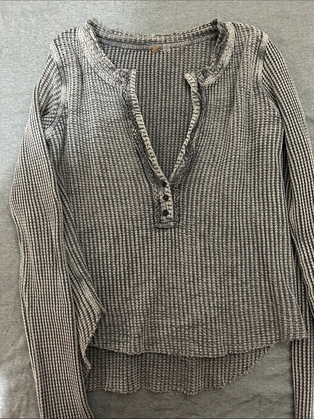 Free People Gray Waffle Henley Long Sleeve Top